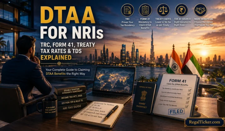 NRI investor reviewing DTAA TRC Form 41 and Indian tax documents for treaty relief