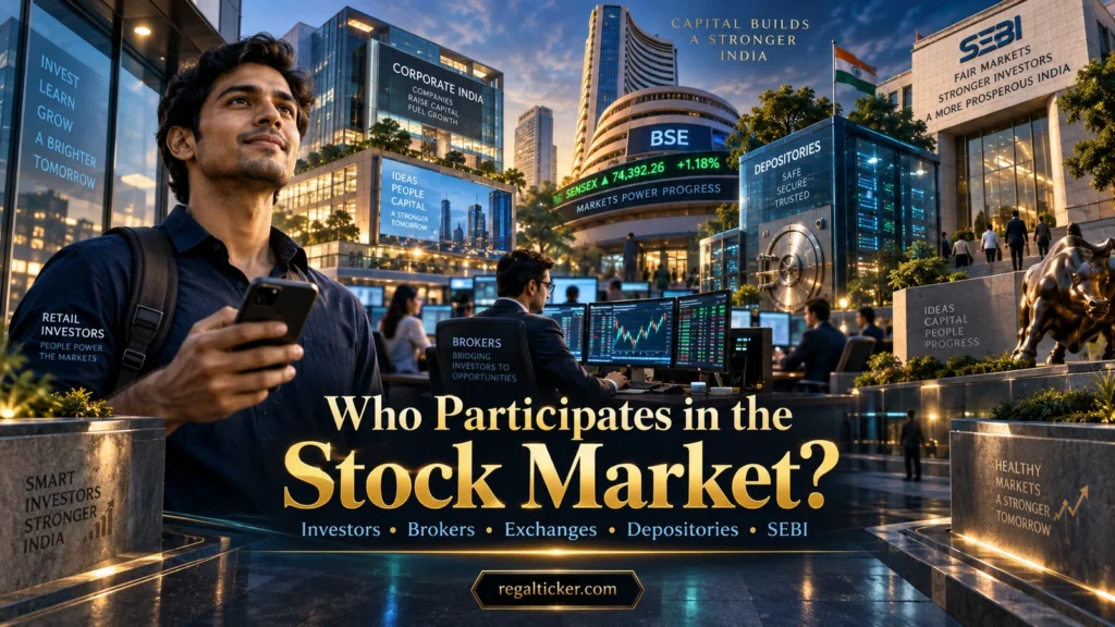 Who participates in the stock market showing companies investors traders brokers exchanges depositories and SEBI in India