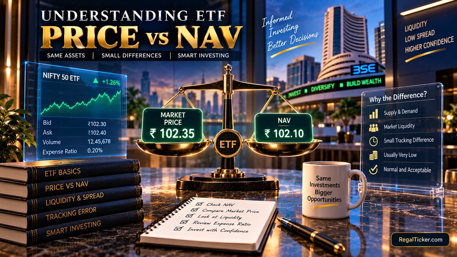 NRI reviewing ETF bid ask spread liquidity NAV tracking error and benchmark performance before investing