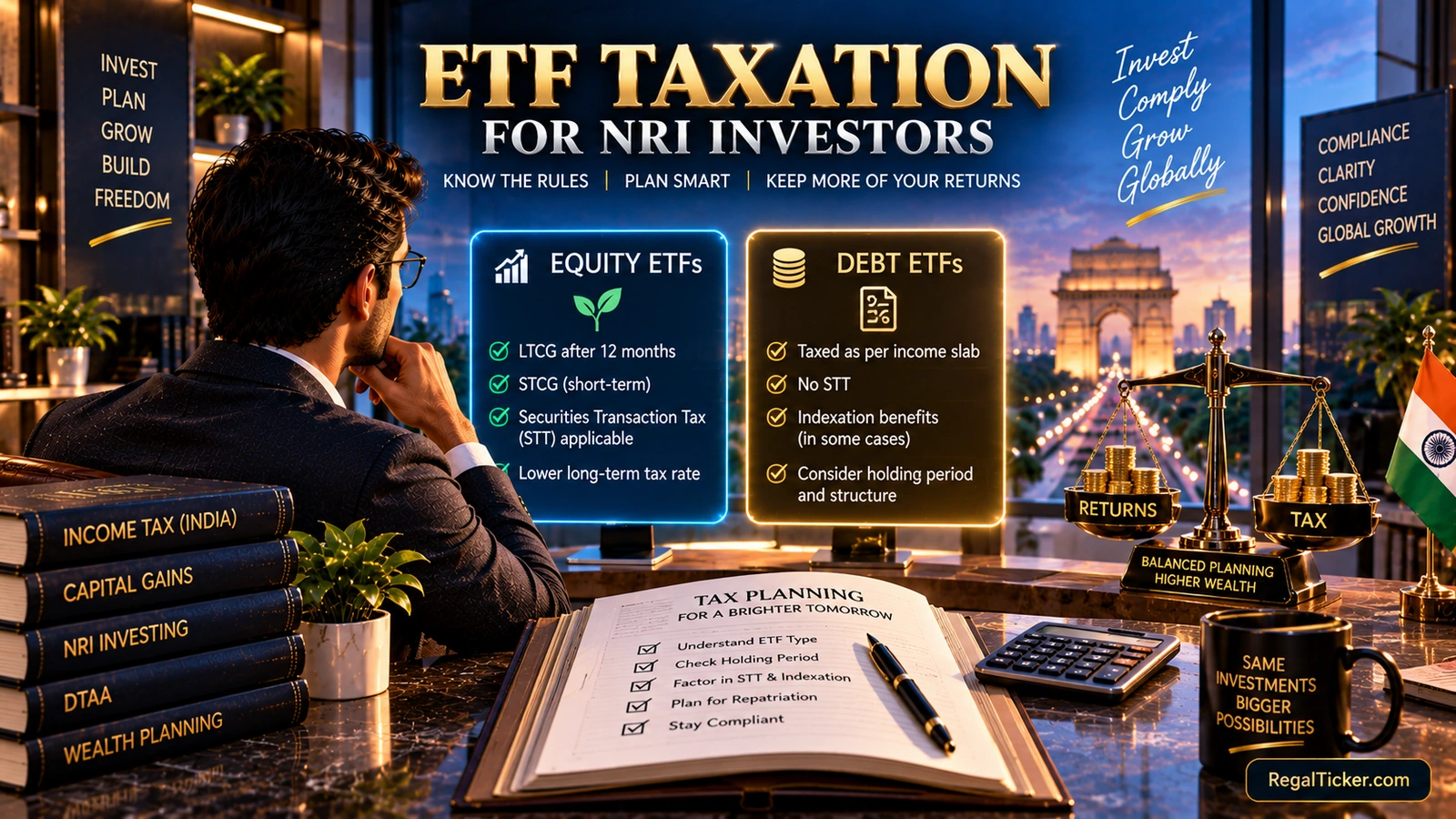 NRI reviewing equity ETF and debt ETF tax treatment TDS and DTAA considerations before investing in India