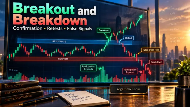 Breakout and breakdown in stock market showing resistance breakout support breakdown volume confirmation and retest