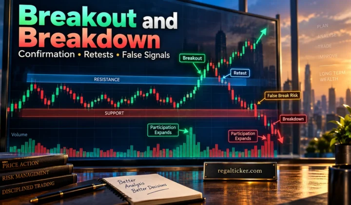 Breakout and breakdown in stock market showing resistance breakout support breakdown volume confirmation and retest