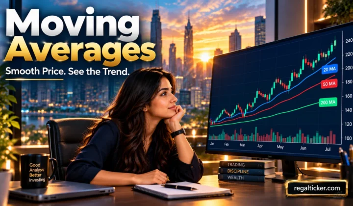 Moving averages in stock market showing price candles with fast and slow moving average trend lines