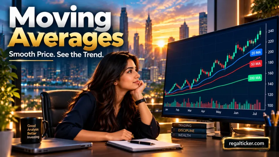 Moving averages in stock market showing price candles with fast and slow moving average trend lines