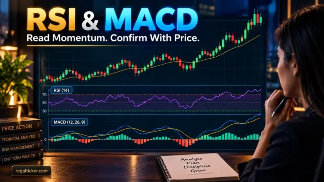 RSI and MACD in stock market showing price chart momentum oscillator RSI and MACD indicator panels