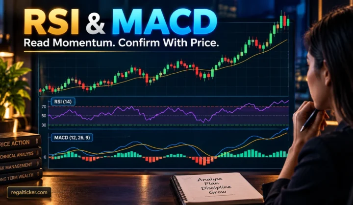 RSI and MACD in stock market showing price chart momentum oscillator RSI and MACD indicator panels