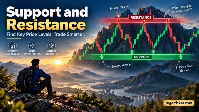 ALT TEXT: Support and resistance zones on a candlestick chart showing buyers reacting near support and sellers reacting near resistance