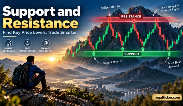 ALT TEXT: Support and resistance zones on a candlestick chart showing buyers reacting near support and sellers reacting near resistance