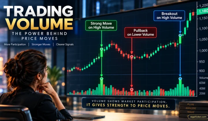 Trading volume in stock market showing price candles volume bars and market participation