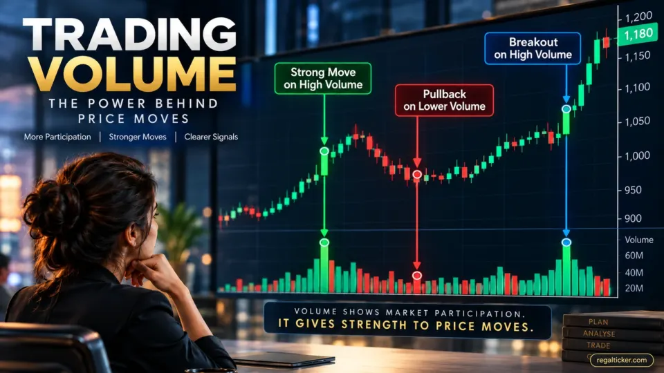 Trading volume in stock market showing price candles volume bars and market participation