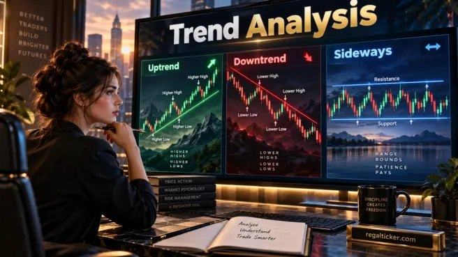 Trend analysis chart comparing uptrend downtrend and sideways market structure with higher highs higher lows lower highs lower lows support and resistance