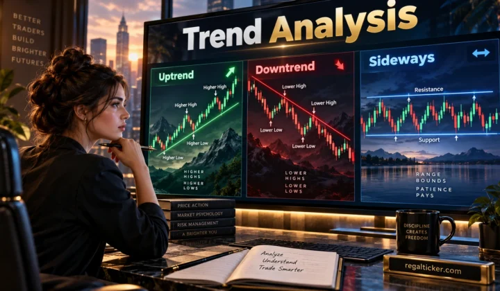 Trend analysis chart comparing uptrend downtrend and sideways market structure with higher highs higher lows lower highs lower lows support and resistance
