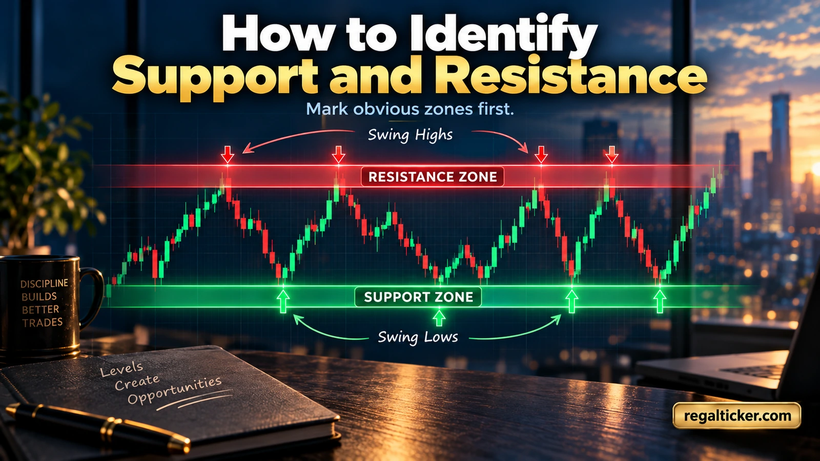 Candlestick chart showing repeated swing highs forming a resistance zone and swing lows forming a support zone