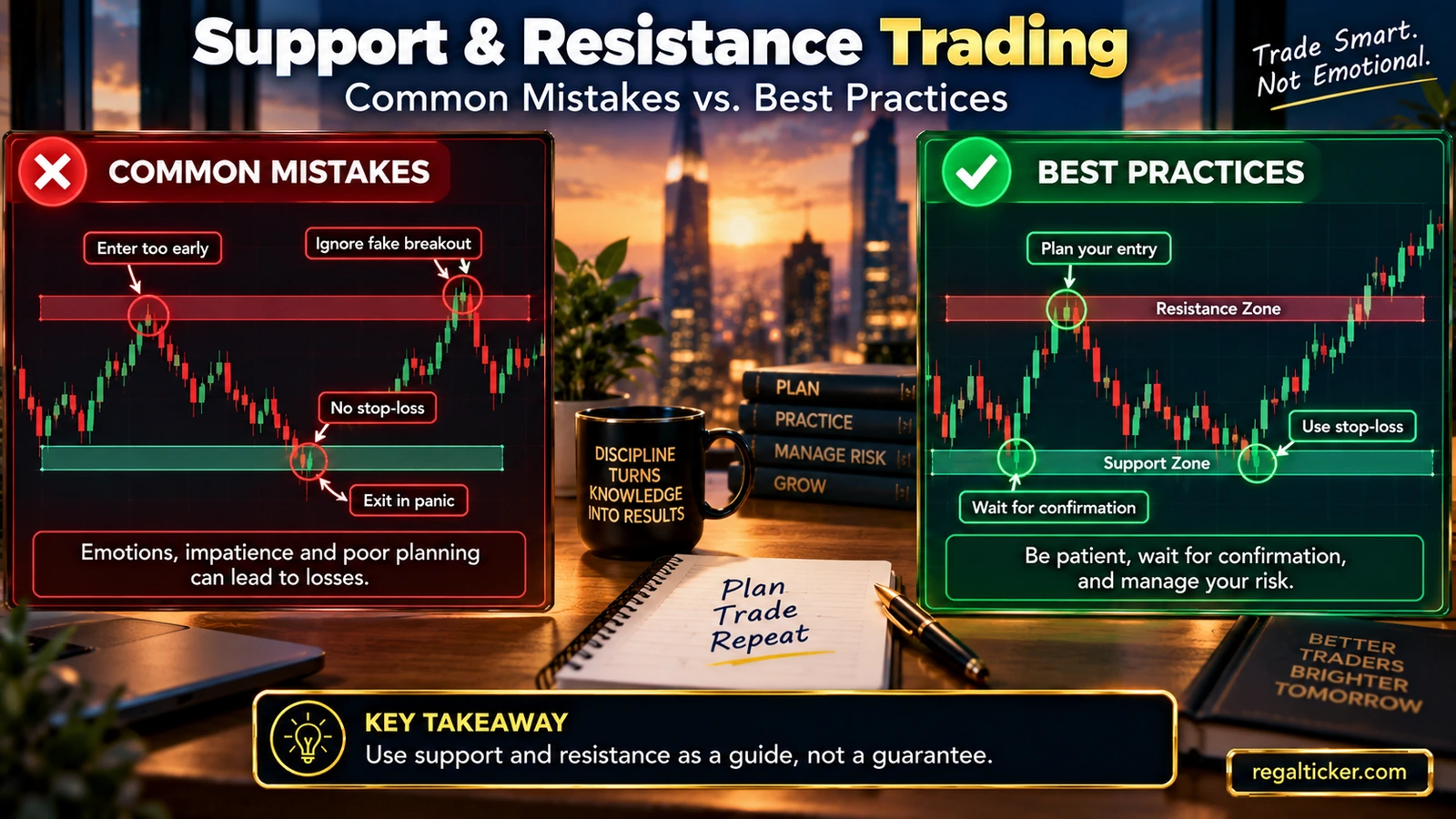 Support and resistance trading infographic comparing common mistakes with better practices such as waiting for confirmation and managing risk