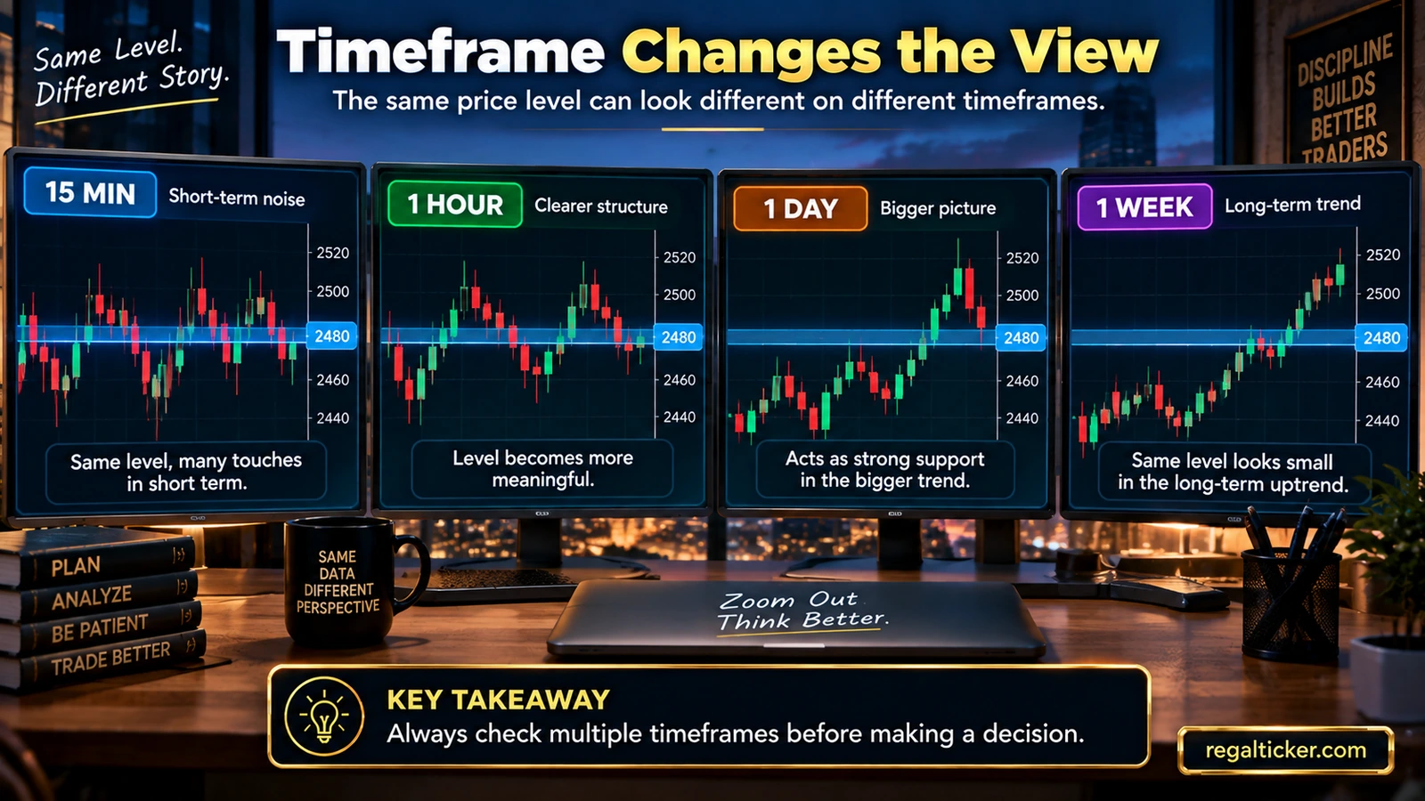 Same stock price level shown on 15 minute one hour one day and one week charts to compare support and resistance context