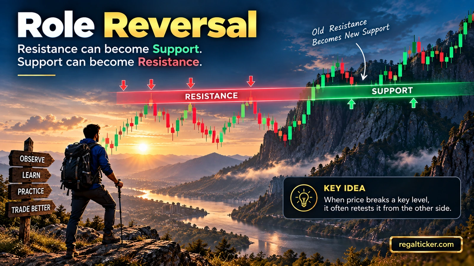 Candlestick chart showing old resistance becoming new support after a breakout and retest