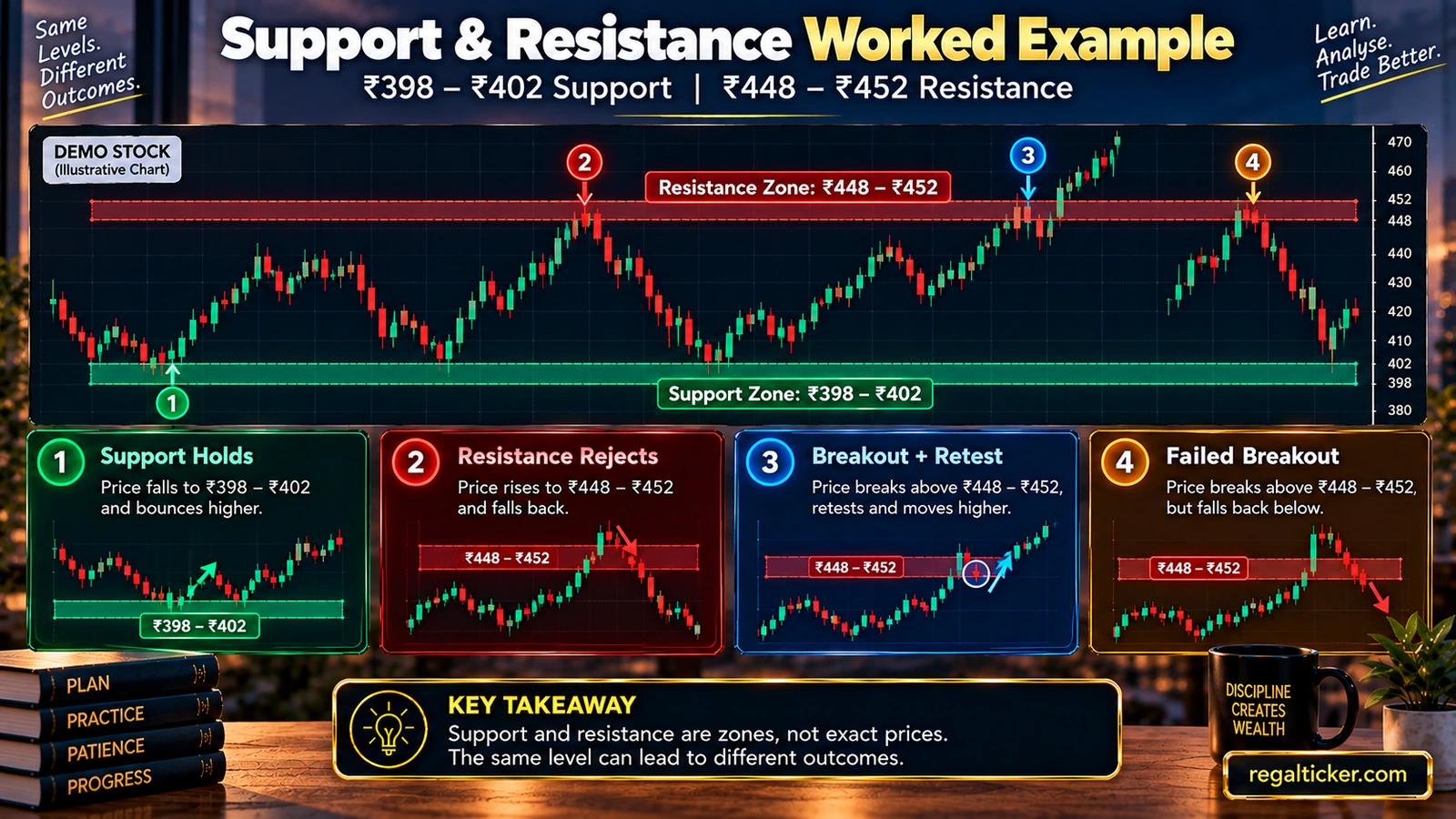 Hypothetical stock chart with support zone 398 to 402 and resistance zone 448 to 452 showing support hold resistance rejection breakout retest and failed breakout