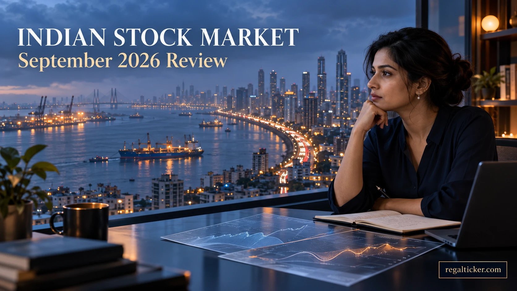 Indian researcher reviewing market information overlooking Mumbai for the September 2026 stock market review