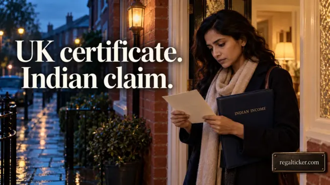 An Indian woman reads a request beside a folio labelled Indian Income, under the title UK certificate. Indian claim.