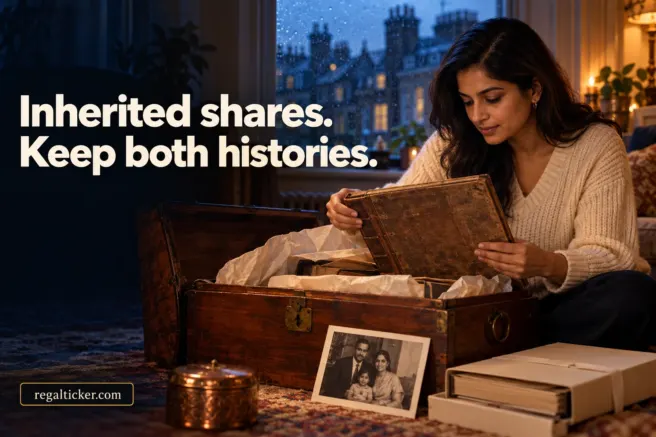An Indian woman in a London home opens a family investment archive beneath the title Inherited shares. Keep both histories.