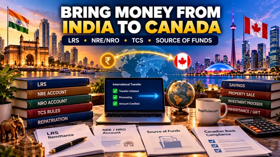 Cinematic India to Canada money transfer scene showing LRS, NRE NRO, TCS, source of funds and repatriation