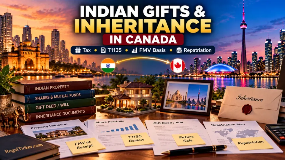 Cinematic India and Canada inheritance planning scene showing property, shares, gift deed, T1135, fair market value basis and repatriation