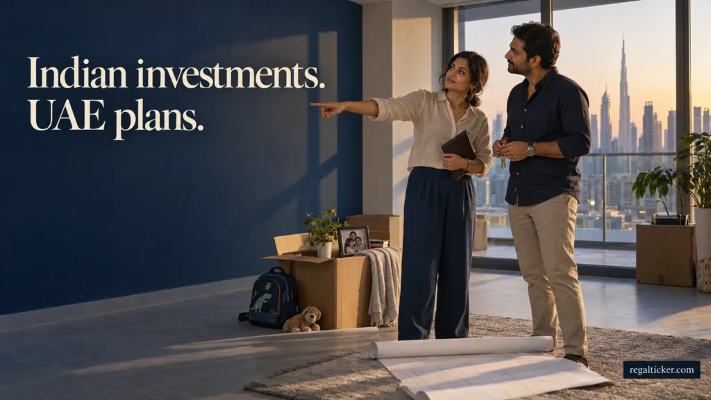 An Indian couple considers plans for a UAE home while reviewing their Indian investment records. Image title: Indian investments. UAE plans.