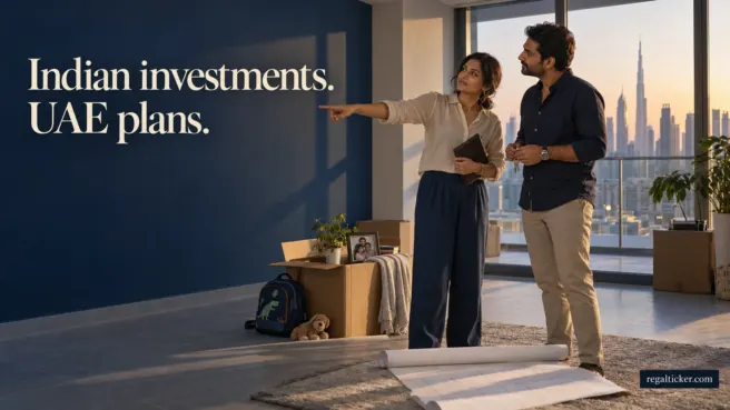 An Indian couple considers plans for a UAE home while reviewing their Indian investment records. Image title: Indian investments. UAE plans.