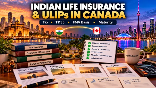Cinematic India and Canada insurance planning scene showing term insurance, endowment, ULIP, annuity, T1135, fair market value basis and maturity