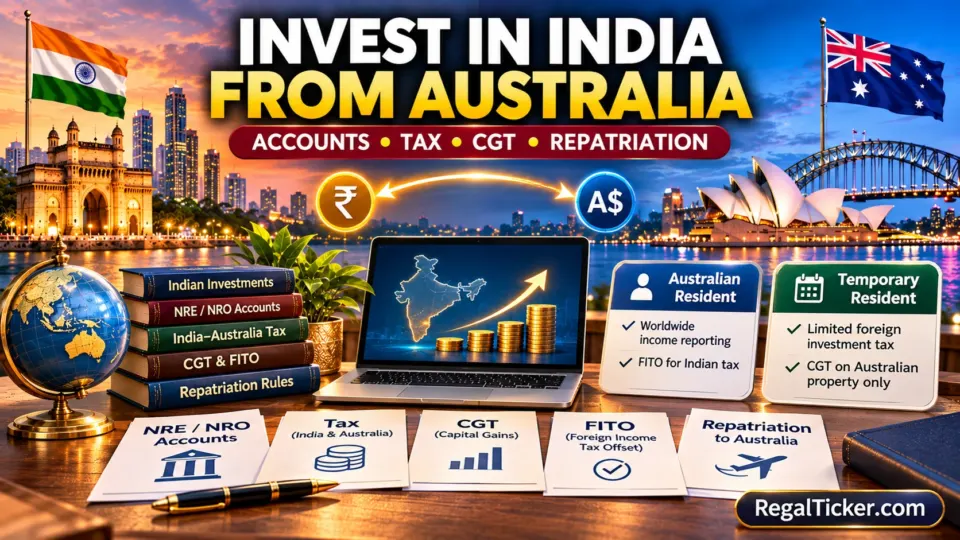 Cinematic India and Australia investing scene showing NRE NRO accounts, Australian tax residency, temporary-resident rules, CGT, FITO and repatriation
