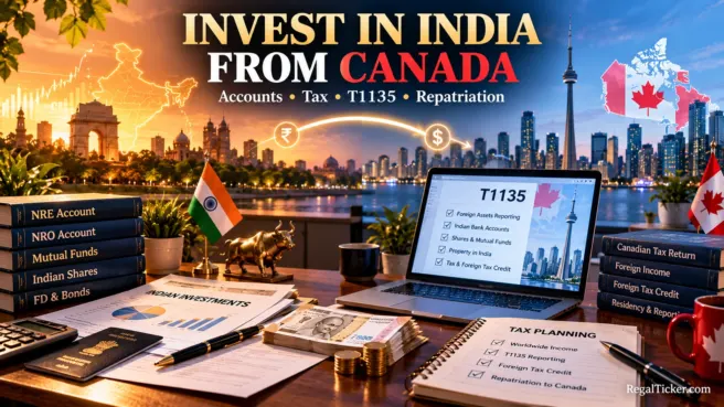 Cinematic India and Canada investing scene showing NRE NRO accounts, Indian investments, T1135 reporting and repatriation planning