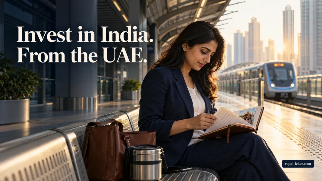 An Indian professional opens her personal planning notebook before work at an elevated UAE commuter station. Image title: Invest in India. From the UAE.