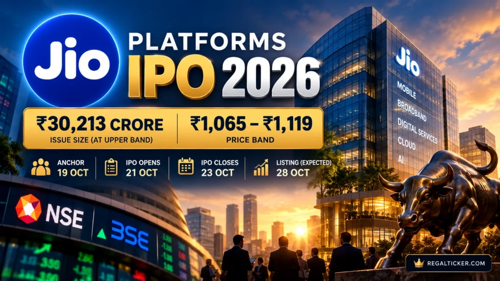 Jio Platforms IPO 2026 cinematic market news visual with Jio logo, ₹30,213 crore issue size and ₹1,065–₹1,119 price band