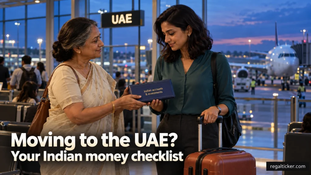 An Indian woman leaving for the UAE receives her Indian accounts and investments file from her mother at an airport gate. Image title: Moving to the UAE? Your Indian money checklist