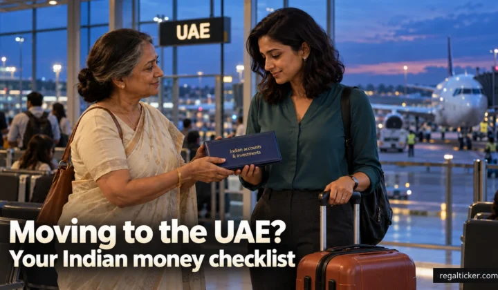 An Indian woman leaving for the UAE receives her Indian accounts and investments file from her mother at an airport gate. Image title: Moving to the UAE? Your Indian money checklist