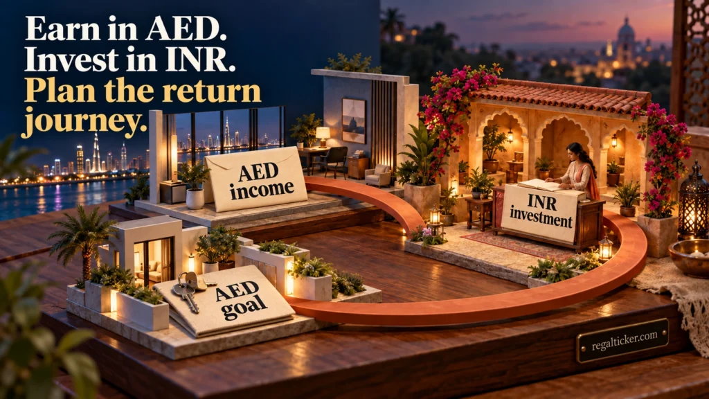Handcrafted miniature route connecting AED income in the UAE, an INR investment ledger in India and an AED spending goal back in the UAE