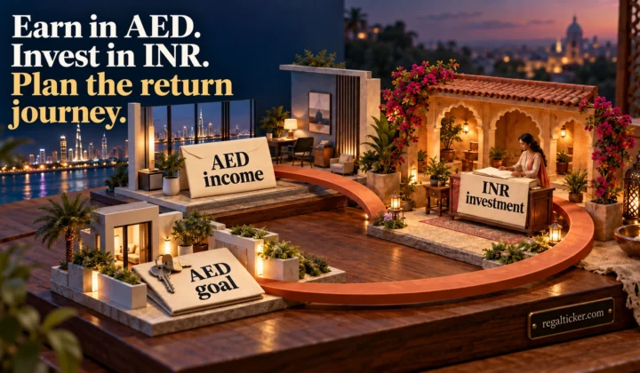 Handcrafted miniature route connecting AED income in the UAE, an INR investment ledger in India and an AED spending goal back in the UAE