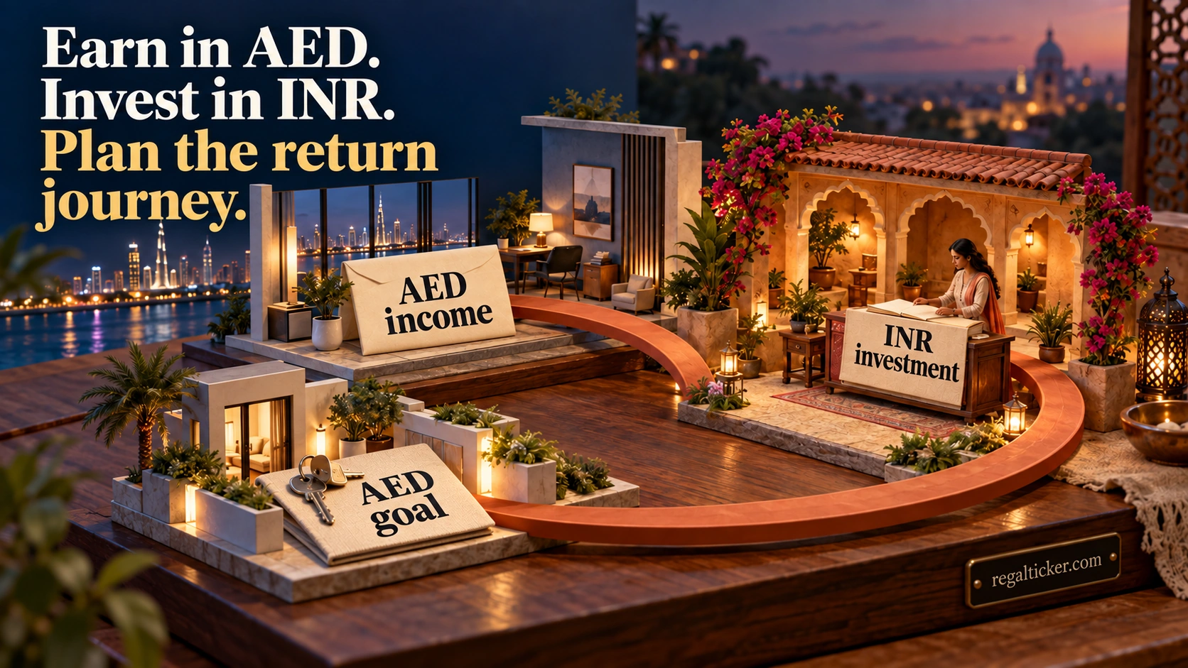 Handcrafted miniature route connecting AED income in the UAE, an INR investment ledger in India and an AED spending goal back in the UAE