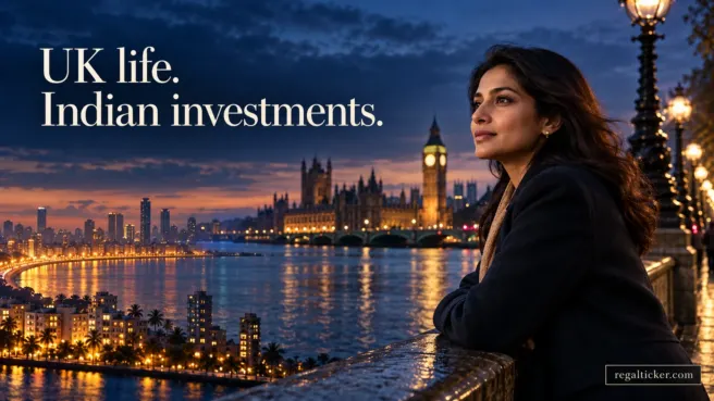 Cinematic composite of an Indian woman beside London’s riverside and an Indian coastal skyline, connecting UK life with Indian investments.
