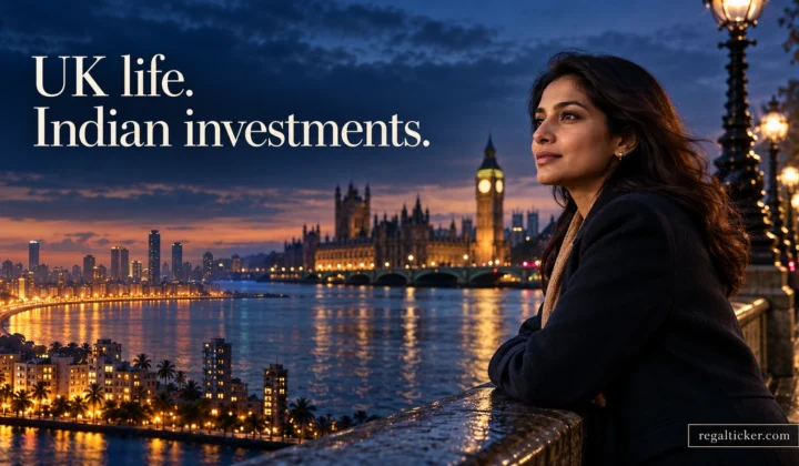 Cinematic composite of an Indian woman beside London’s riverside and an Indian coastal skyline, connecting UK life with Indian investments.