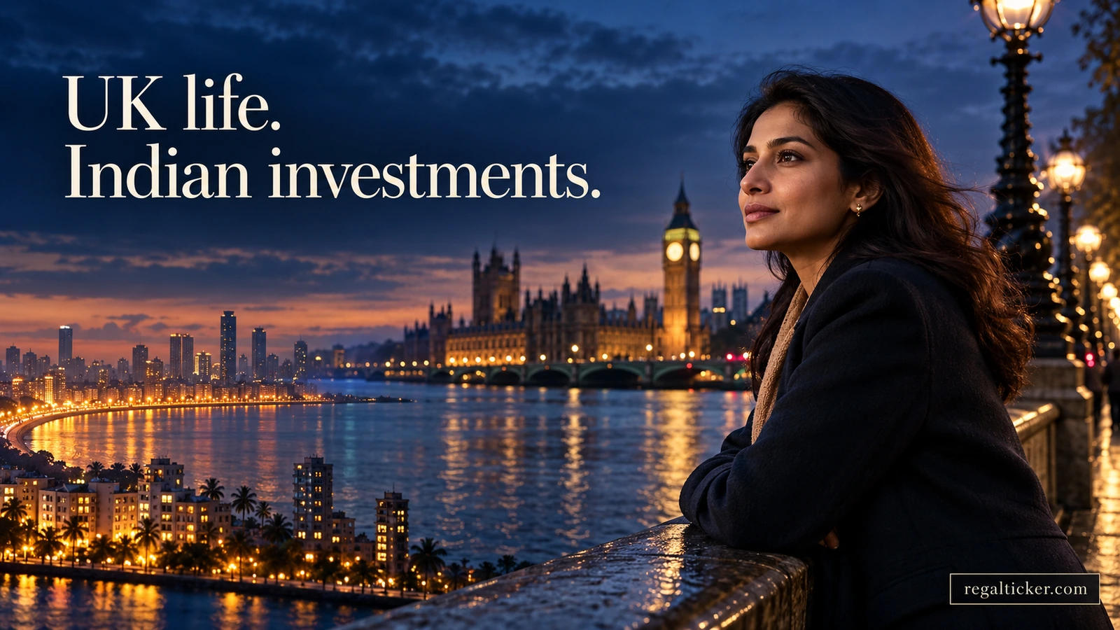 Cinematic composite of an Indian woman beside London’s riverside and an Indian coastal skyline, connecting UK life with Indian investments.