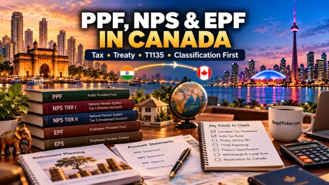 Cinematic India and Canada retirement planning scene showing PPF, NPS Tier I and II, EPF, EPS, treaty and T1135 classification