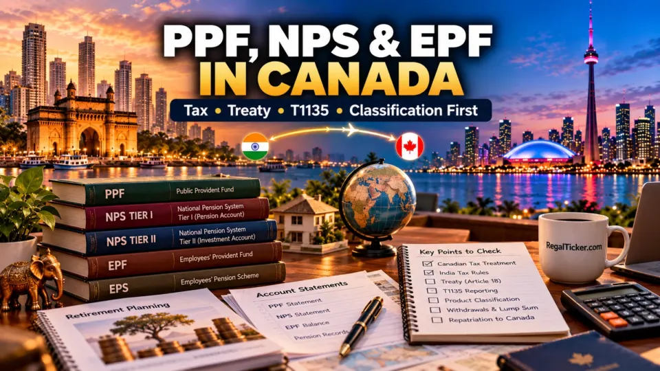 Cinematic India and Canada retirement planning scene showing PPF, NPS Tier I and II, EPF, EPS, treaty and T1135 classification