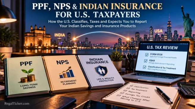 Cinematic India to United States tax-planning desk showing PPF, NPS and Indian insurance with Form 8938 and FBAR review