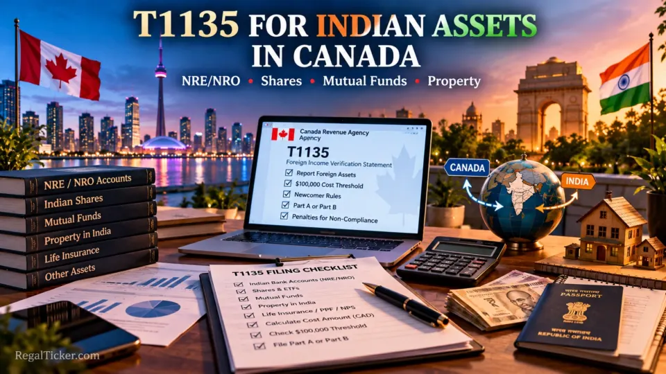 Cinematic Canada and India tax-reporting scene for T1135 covering NRE NRO accounts, Indian shares, mutual funds and property
