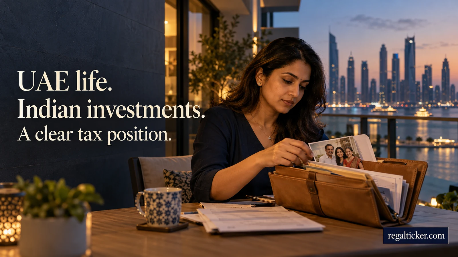 An Indian woman in her UAE home opens a document wallet containing Indian investment records and a family photograph. Image title: UAE life. Indian investments. A clear tax position.
