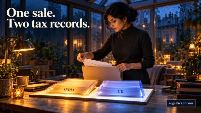 An Indian woman separates a share-sale folder into amber India and indigo UK record sleeves beneath the title One sale. Two tax records.