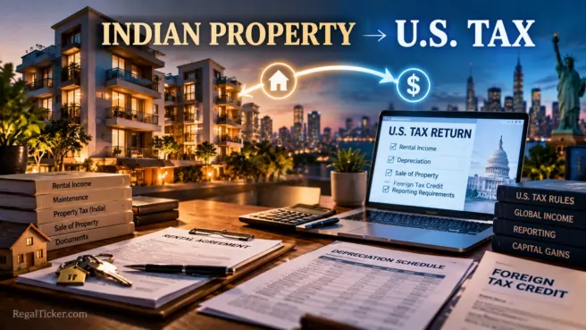 Cinematic Indian property and US tax scene showing rental income, depreciation, property sale and foreign tax credit records