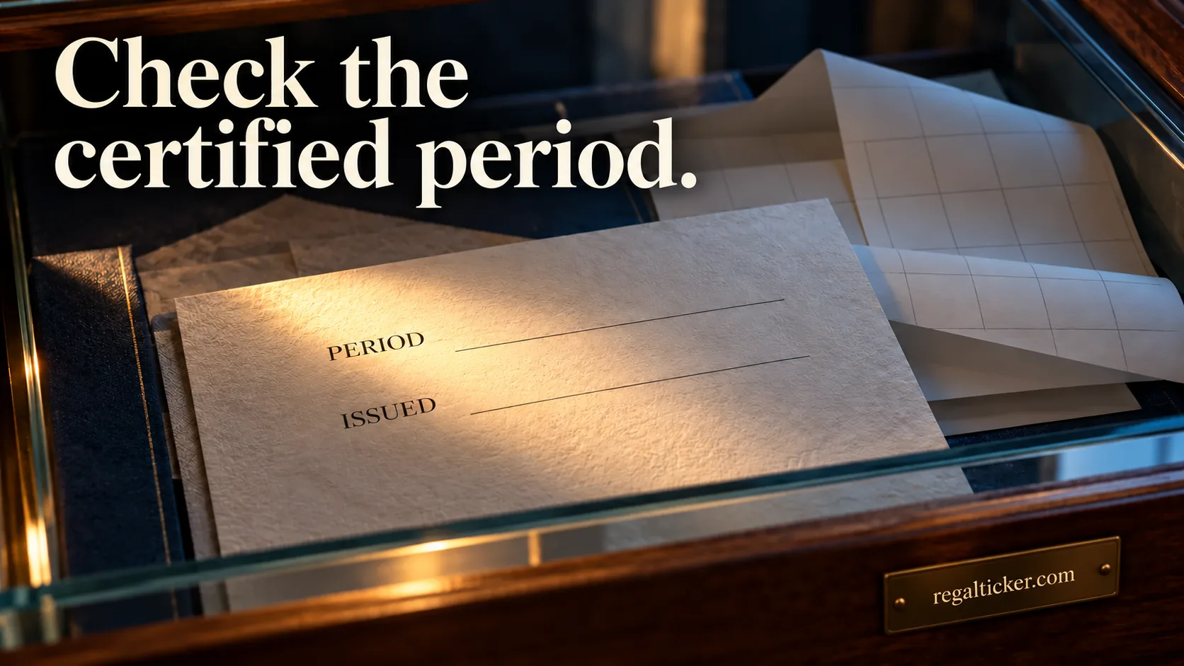 A close-up of ivory paperwork beside calendar pages, under the title Check the certified period.