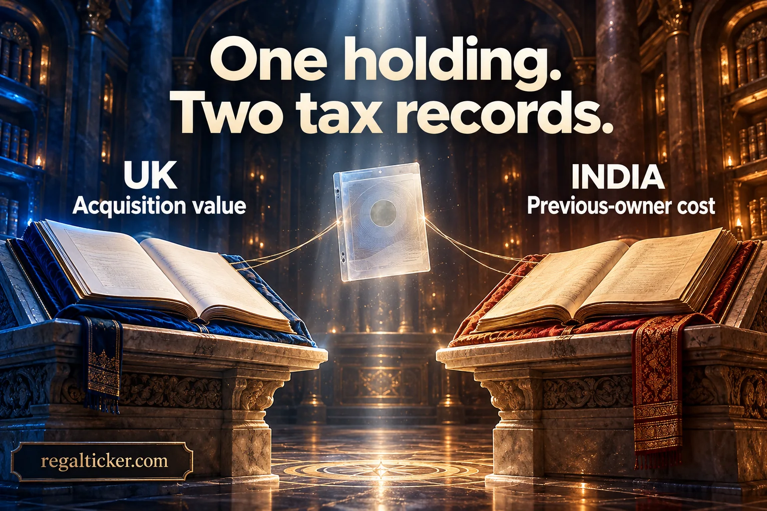A single share-record sleeve connects two archival books labelled UK Acquisition value and India Previous-owner cost.